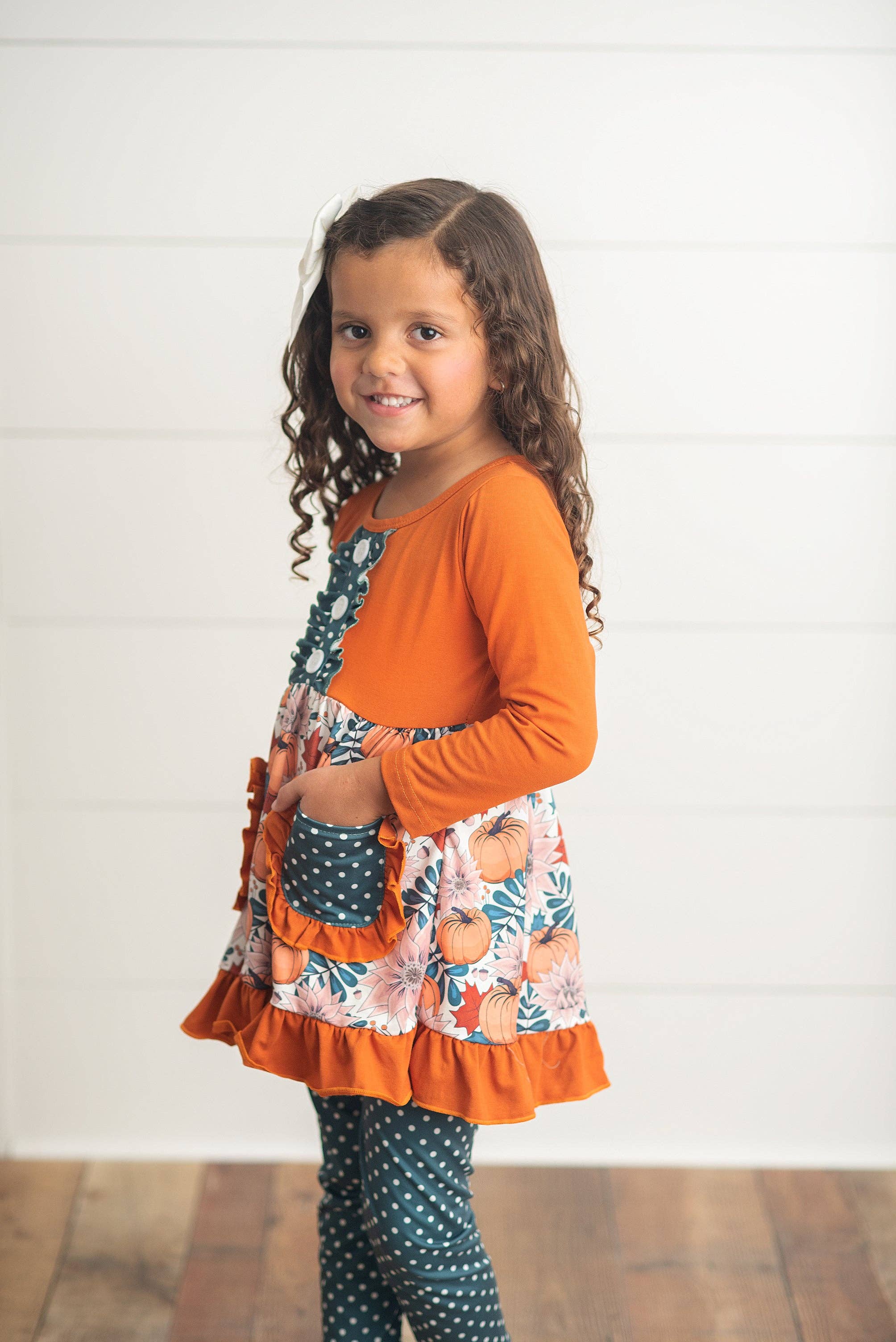 Kids Sage & Pumpkin Ruffle Pocket Polka Dot Fall Pant Set