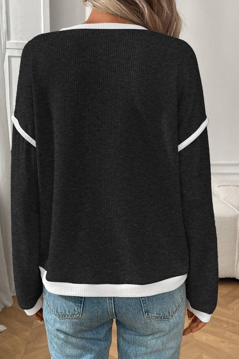 Colorblock Crewneck Knit Look Long Sleeve Pullover Top