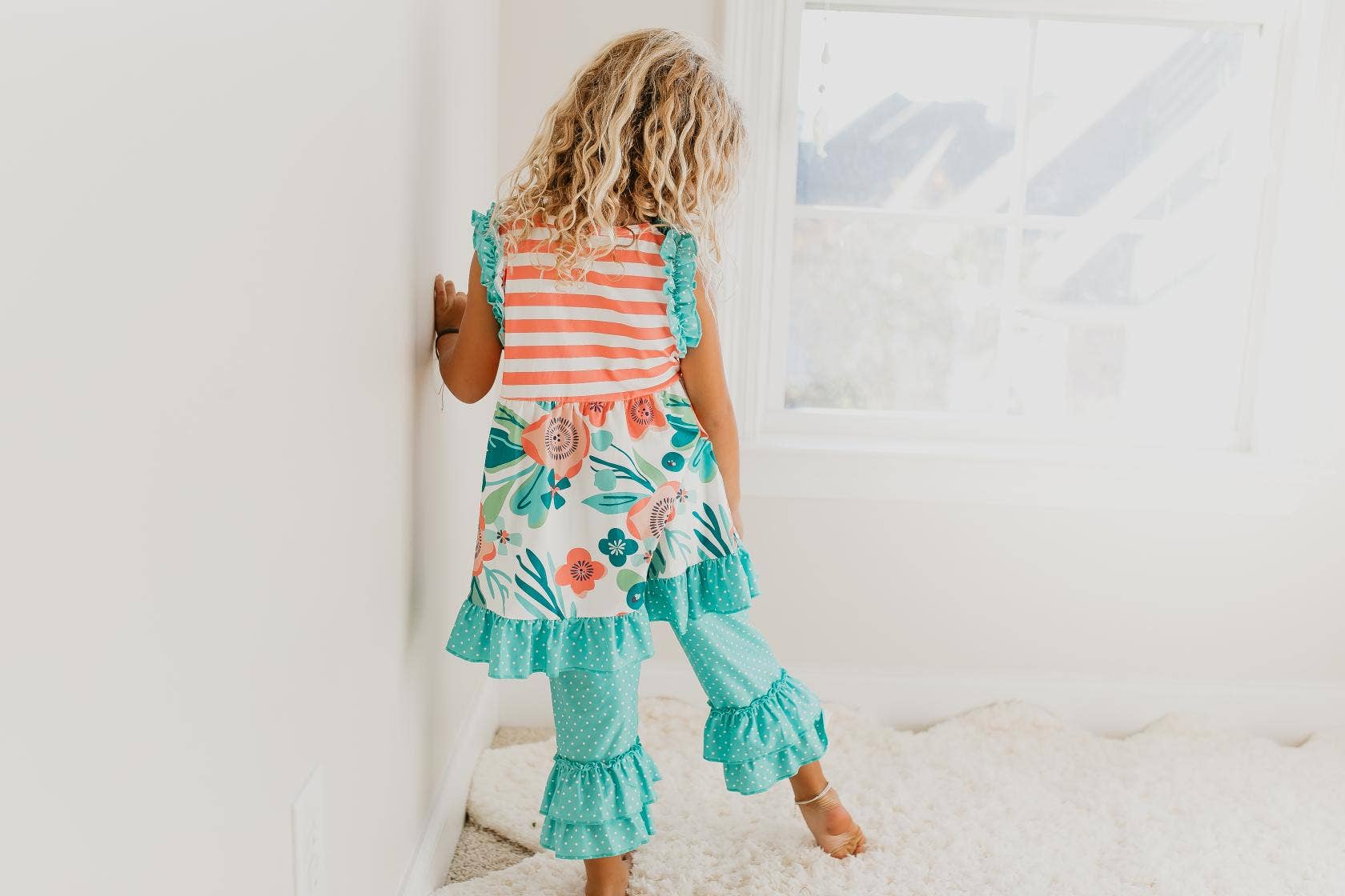 Kids Teal Peach Stripe Floral Spring Summer Ruffle Capri Set