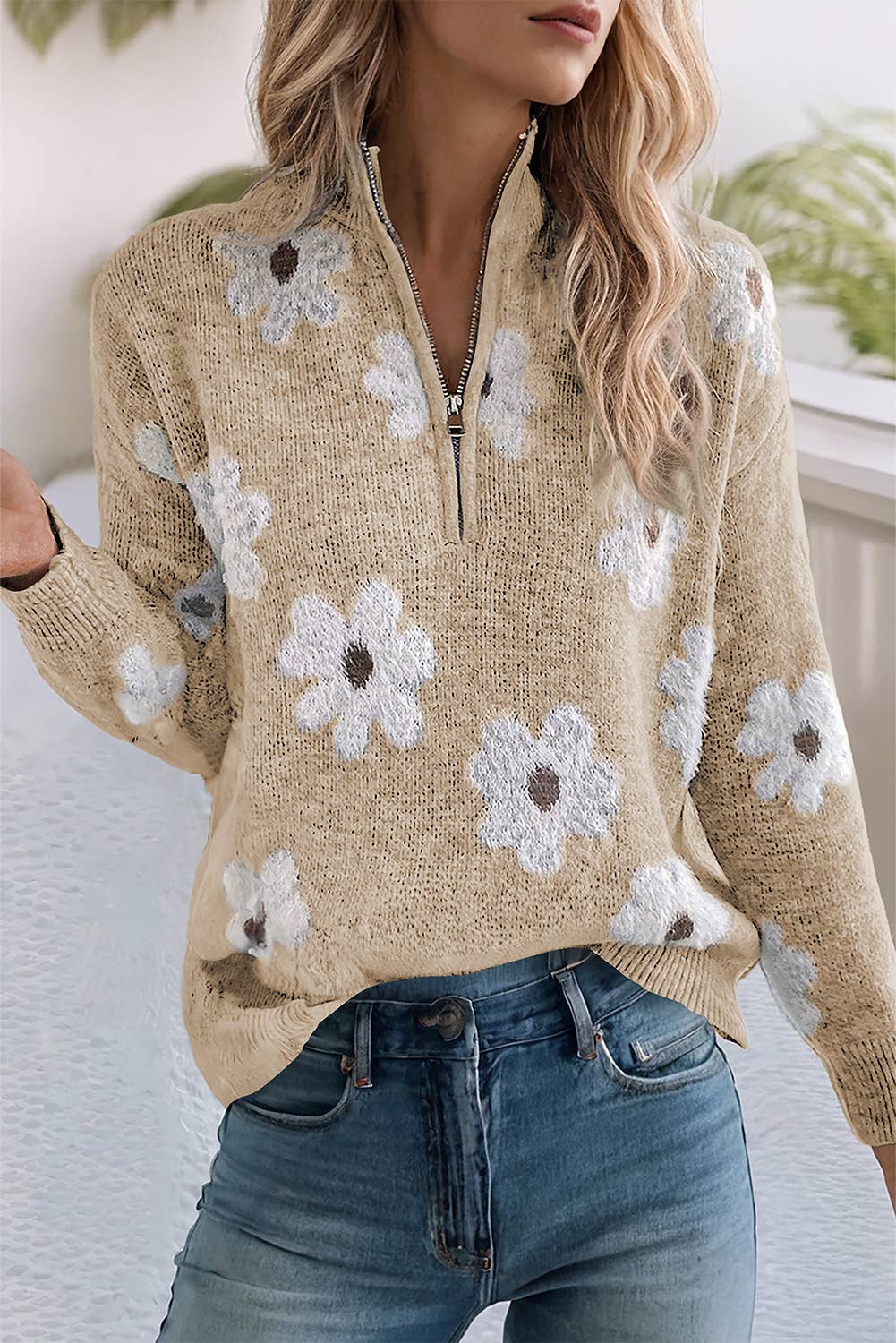 Sweater Gray Pattern Drop Shoulder Half Zip