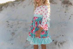 Kids Pink & Teal Floral Polka Dot Ruffle Twirl Dress