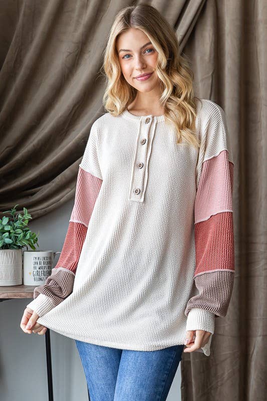 URBAN RIBBED SOLID COLOR BLOCK TOP-Oatmeal