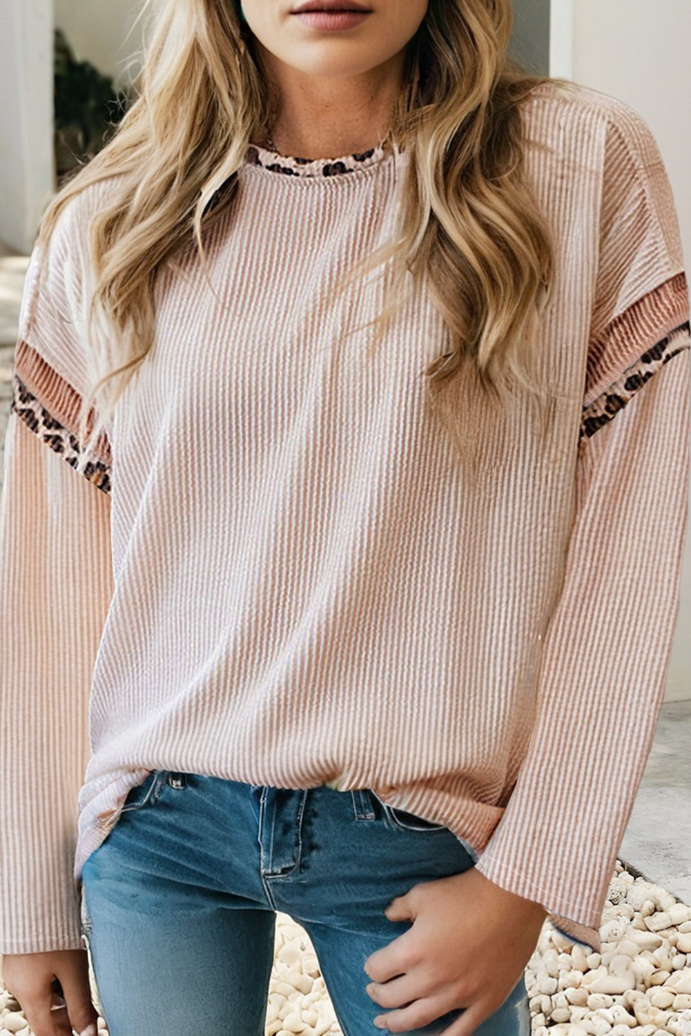 LDC Leopard Color Block Detail Drop Shoulder Long Sleeve Top