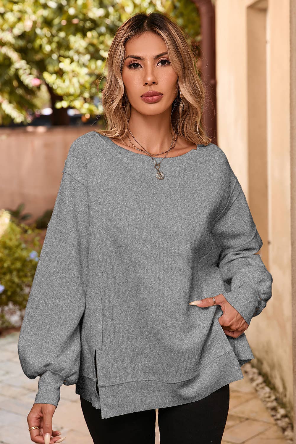 LDC Waffle Knit Bishop Sleeve Split Oversized Sweatshirt