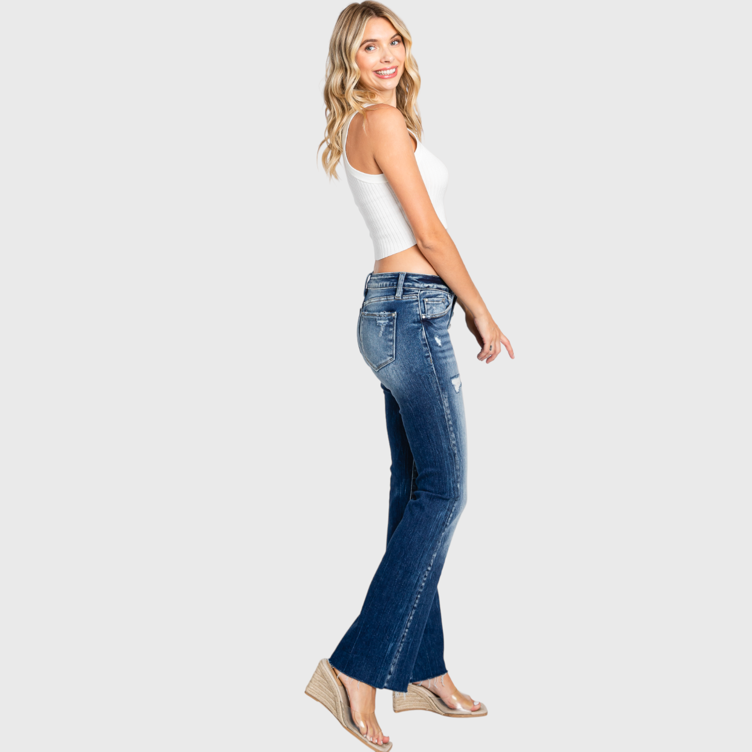 PETRA BUTTON UP LOW RISE DESTROYED BOOTCUT JEANS