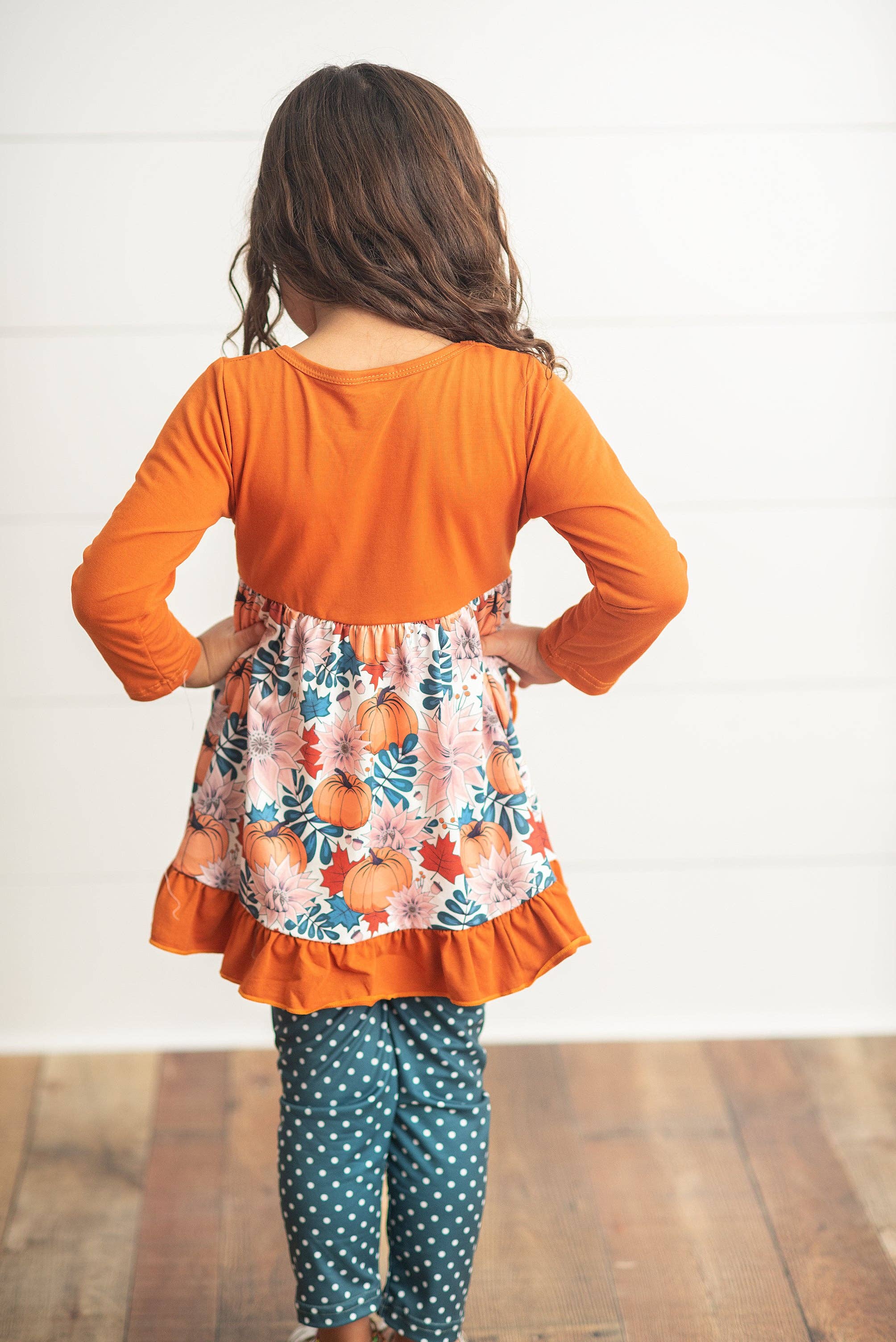 Kids Sage & Pumpkin Ruffle Pocket Polka Dot Fall Pant Set