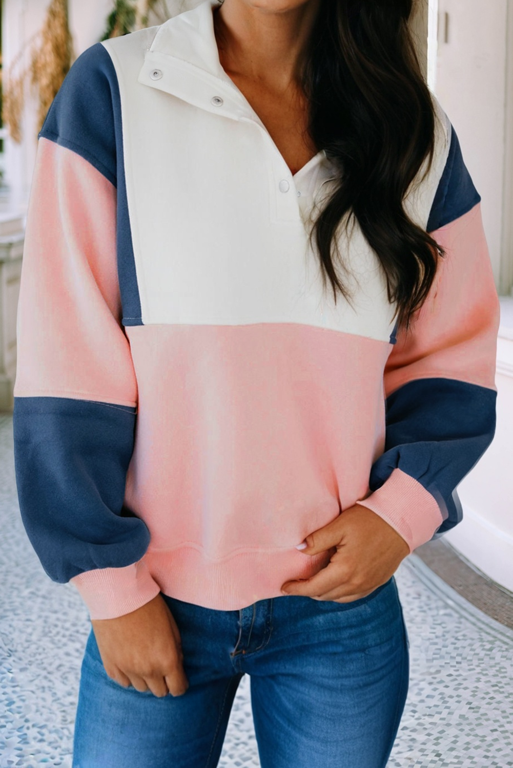 LDC Colorblock Patchwork Half Button Baggy Sweatshirt
