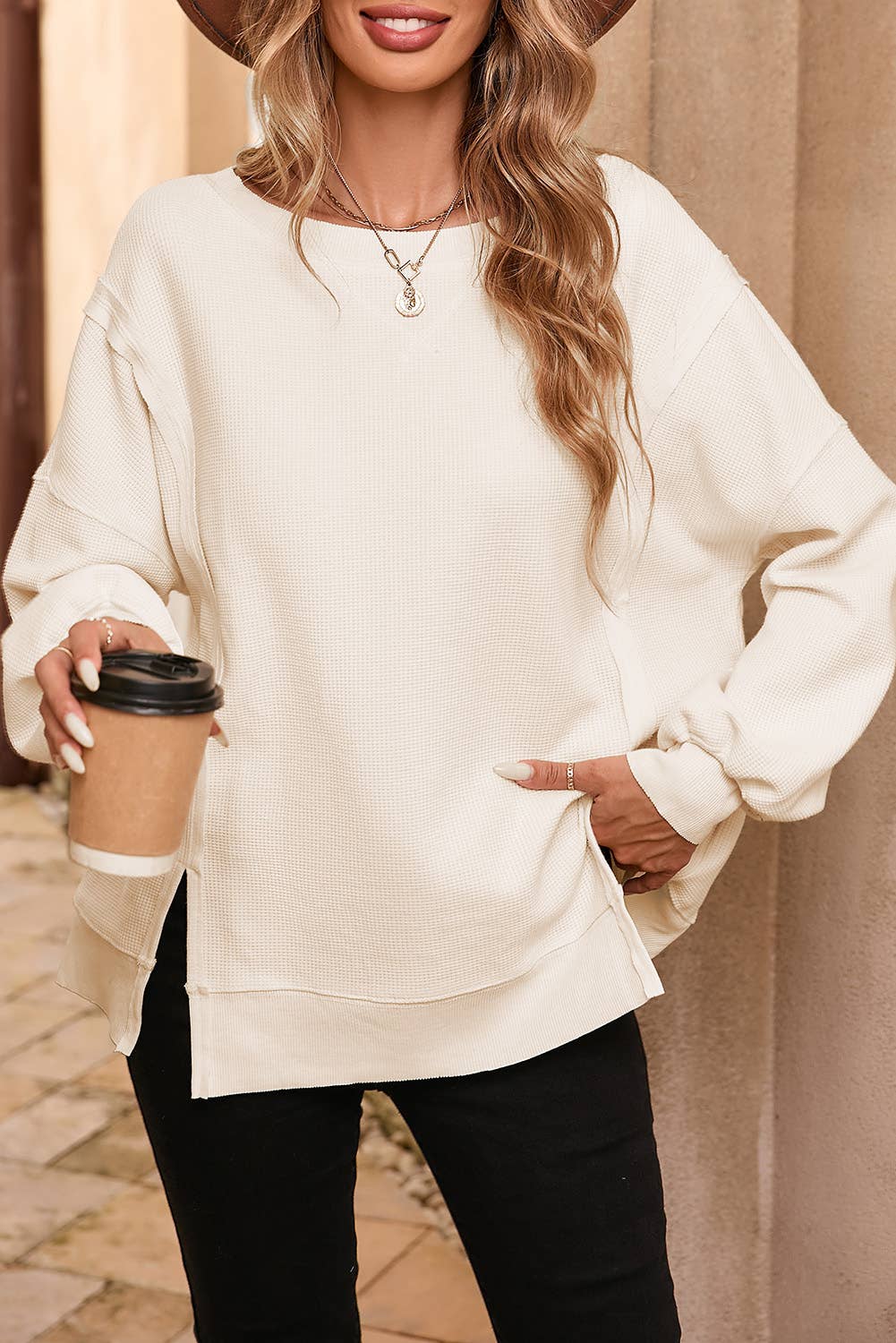 LDC Waffle Knit Bishop Sleeve Split Oversized Sweatshirt