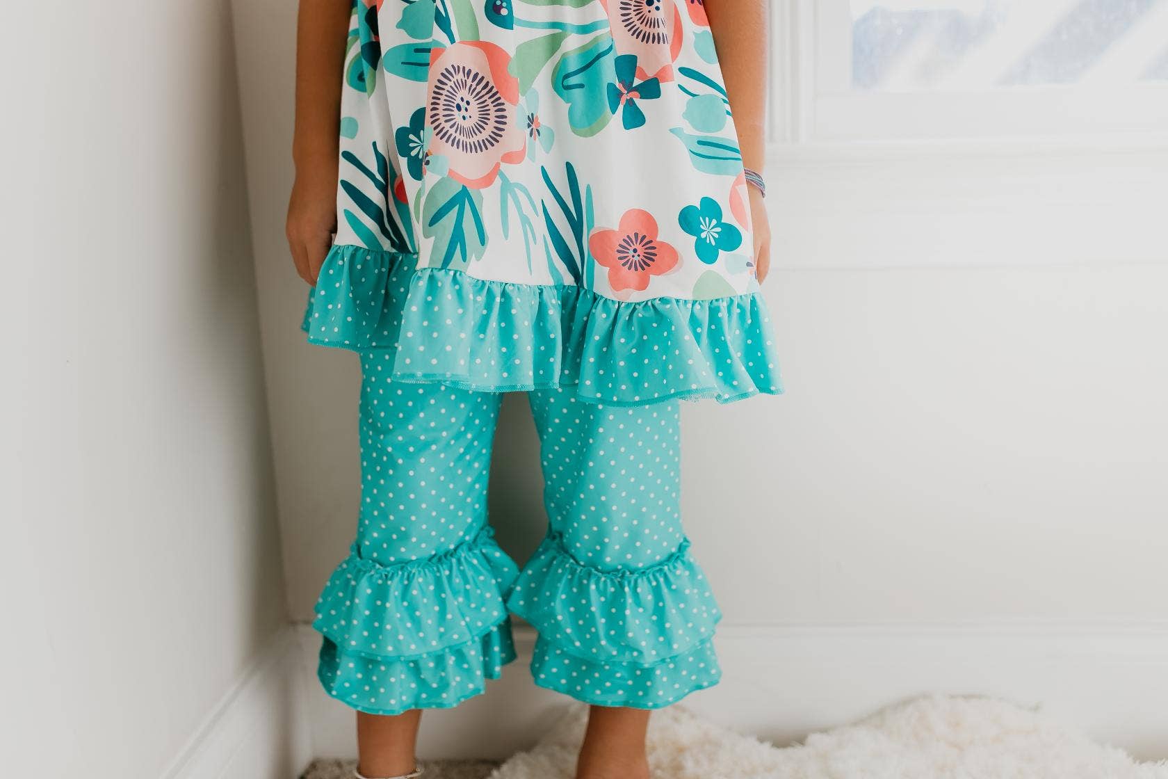 Kids Teal Peach Stripe Floral Spring Summer Ruffle Capri Set