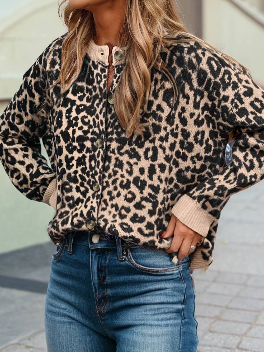 Leopard Drop Shoulder Chunky Knitted Cardigan Sweater