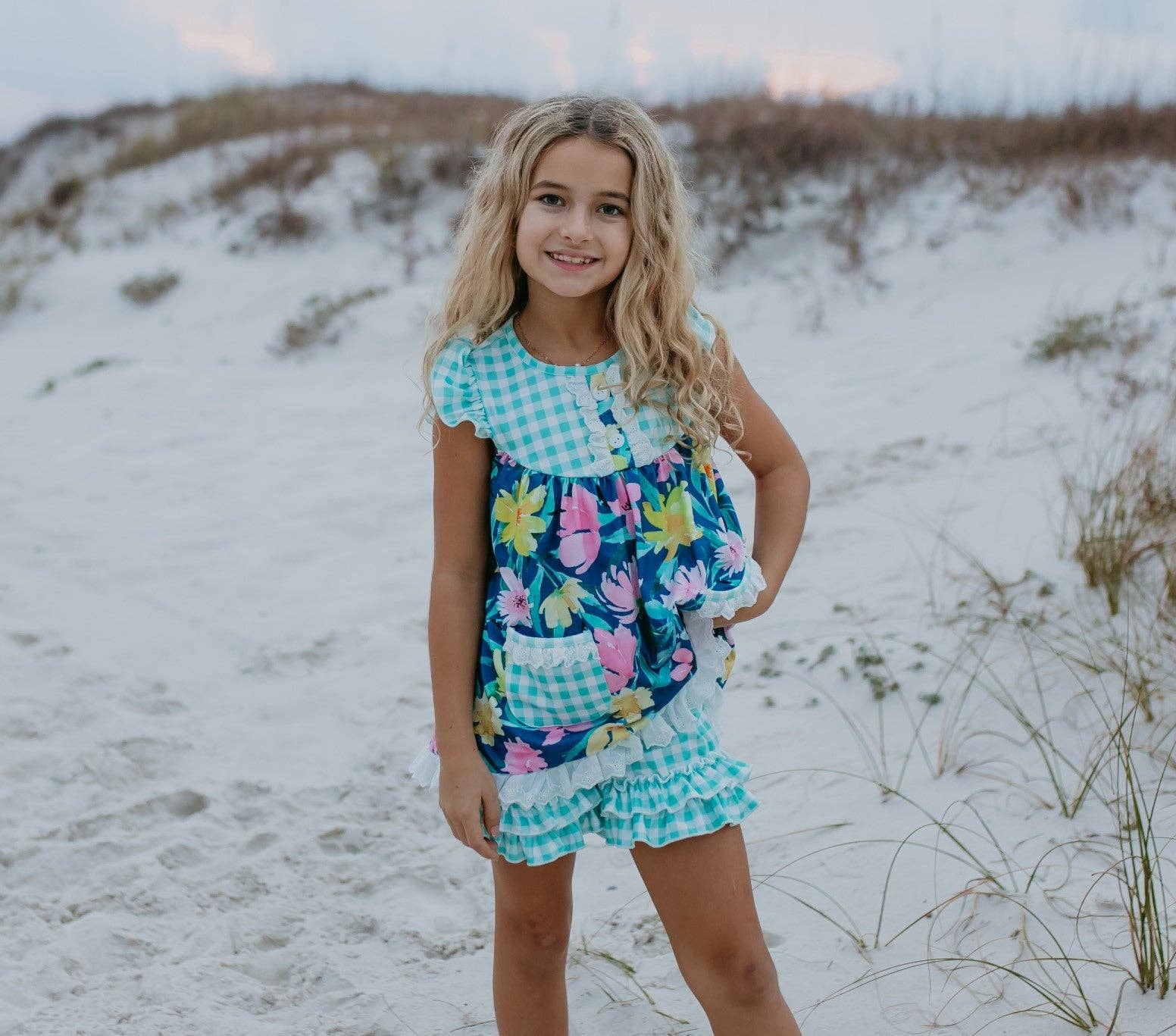 Girls Jade Checkered Floral Pocket Lace Spring Short Set