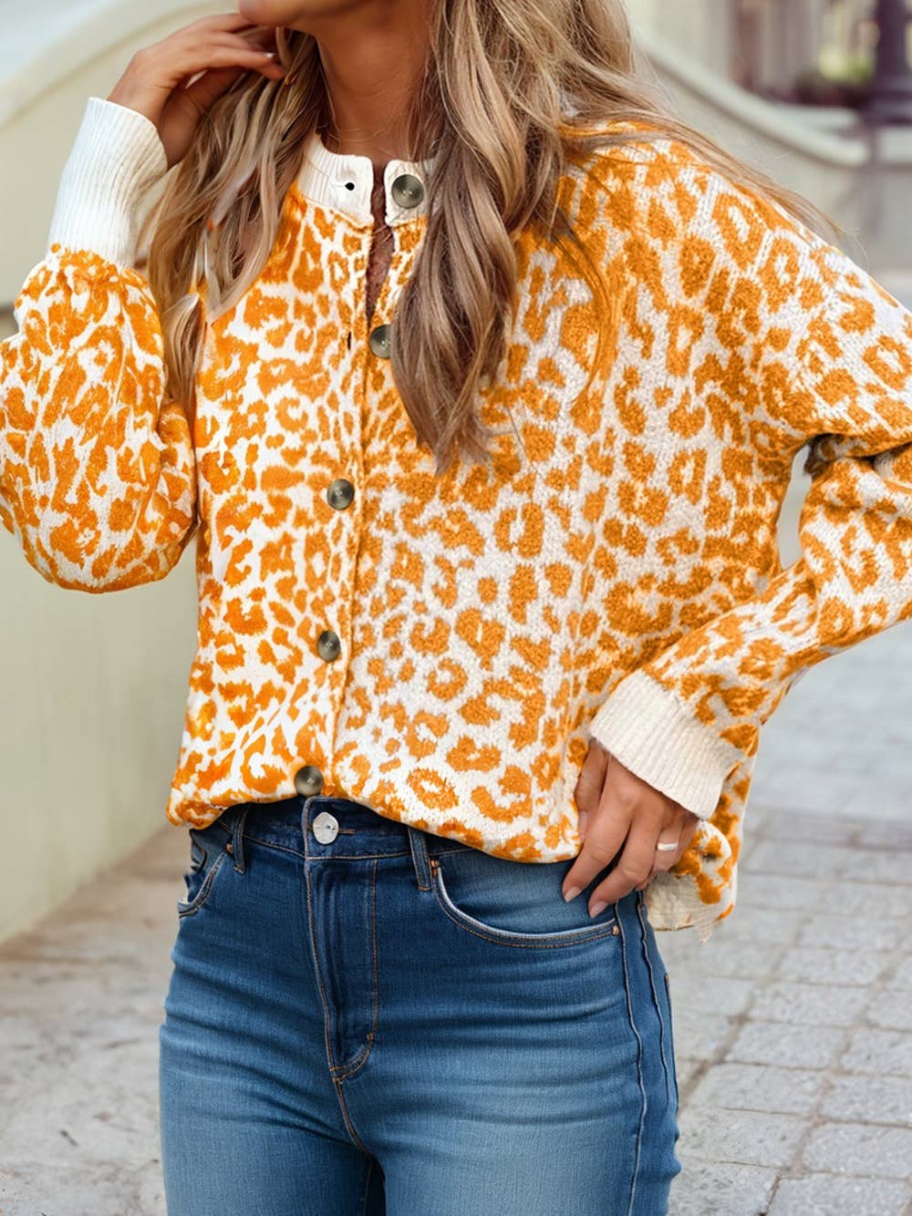 Leopard Drop Shoulder Chunky Knitted Cardigan Sweater