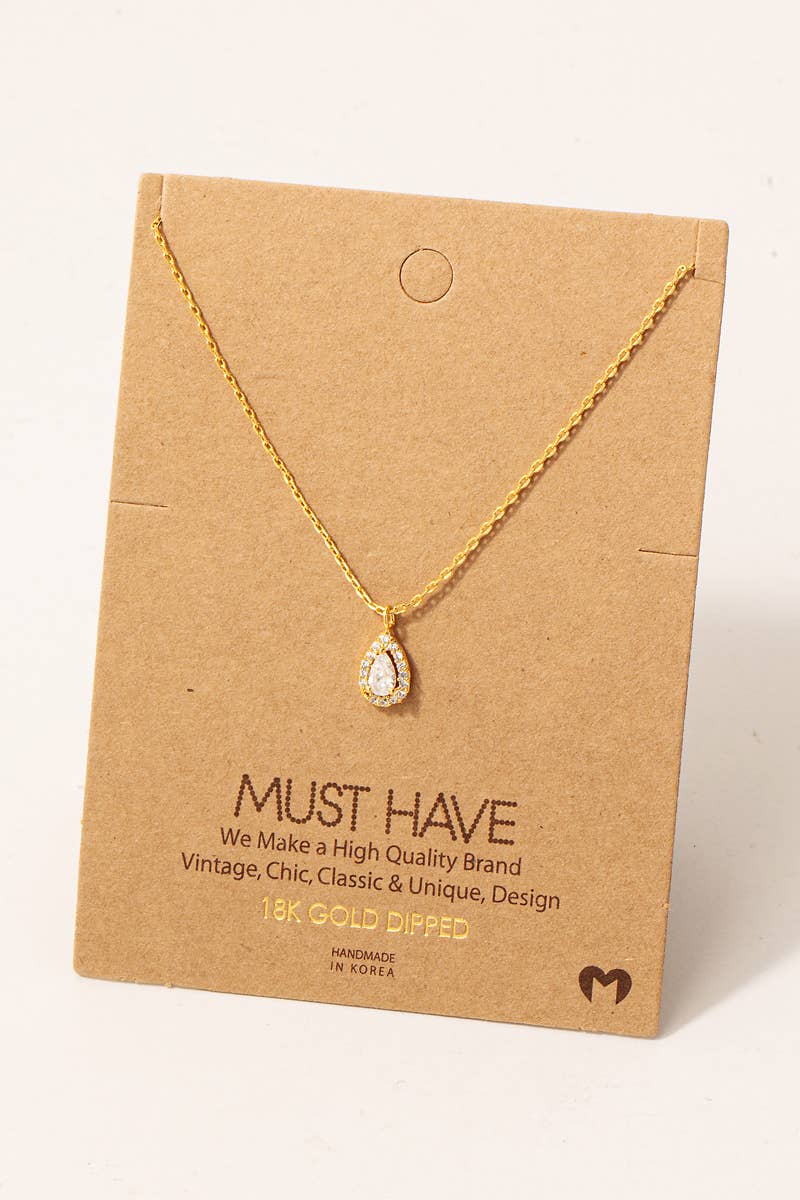 Pave Rhinestone Teardrop Pendant Necklace