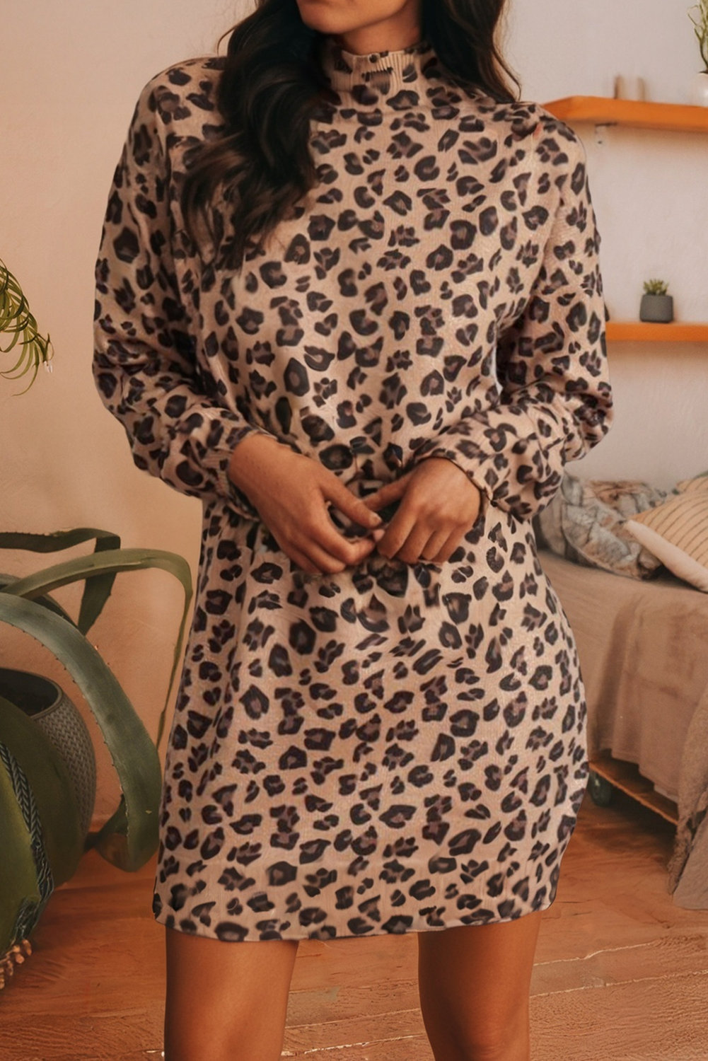 LDC High Neck Leopard Long Sleeve Sweater Dress