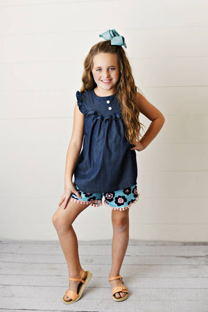 Kids Dark Jean Flower Ruffle Button Spring Two Piece Set