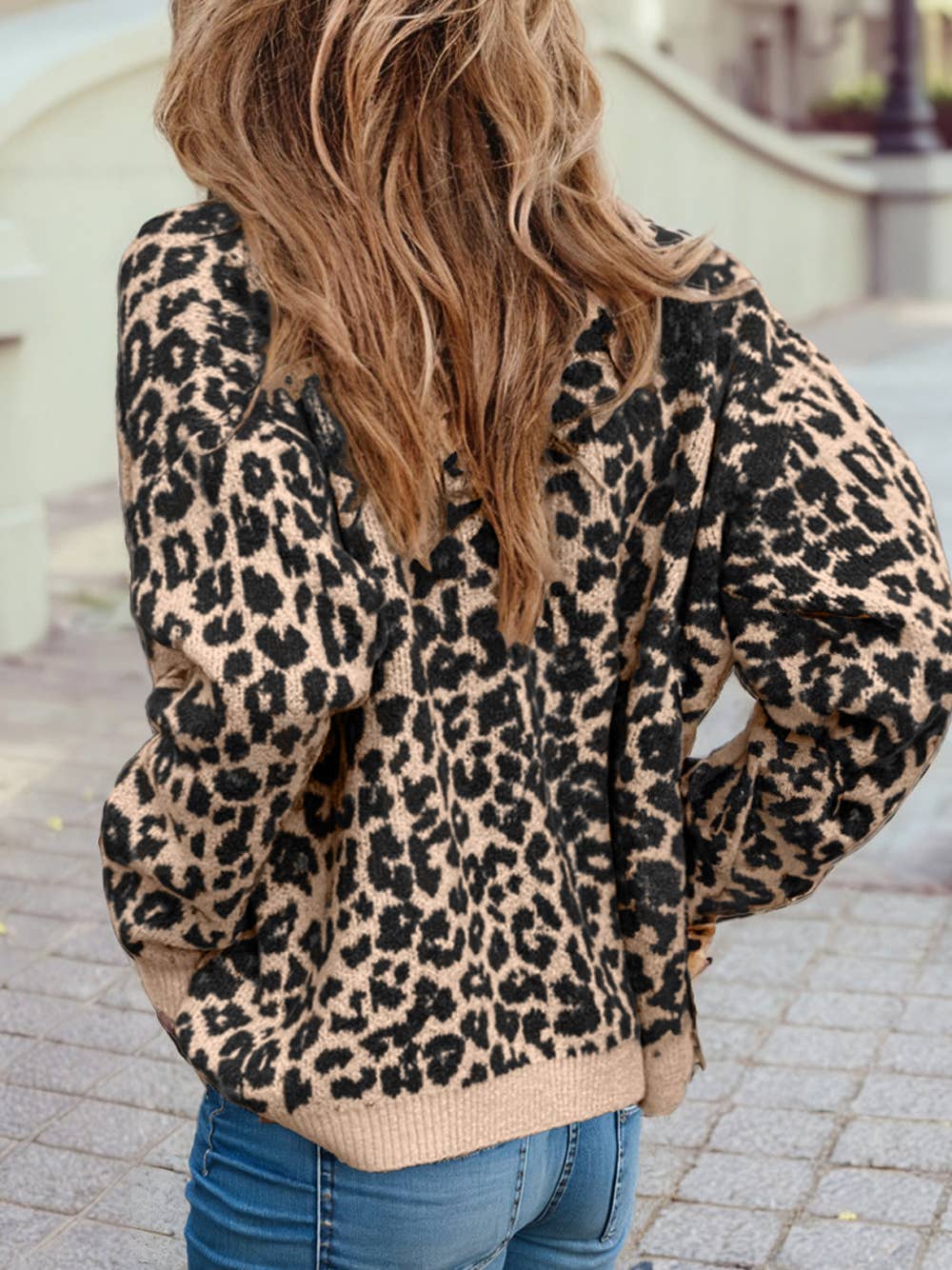 Leopard Drop Shoulder Chunky Knitted Cardigan Sweater