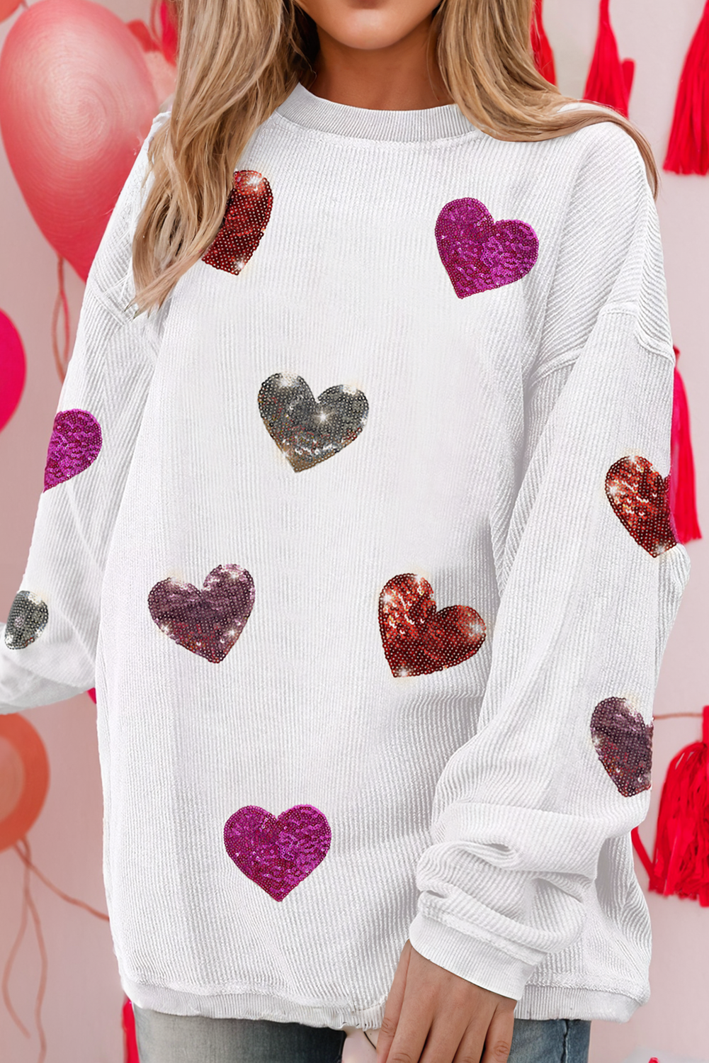 LDC Valentines Heart Patched Pattern Pullover Sweatshirt