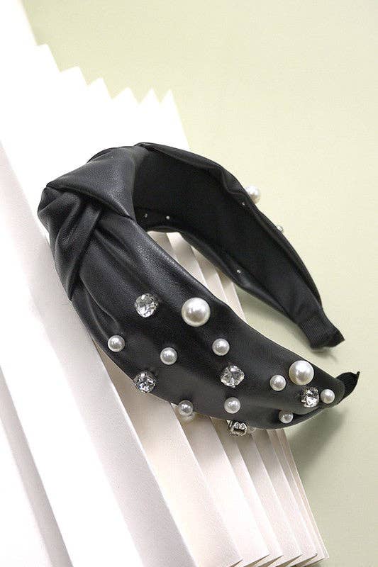 KNOTTED FAUX LEATHER PEARL RHINESTONE HAIR BANDS | 40HB111