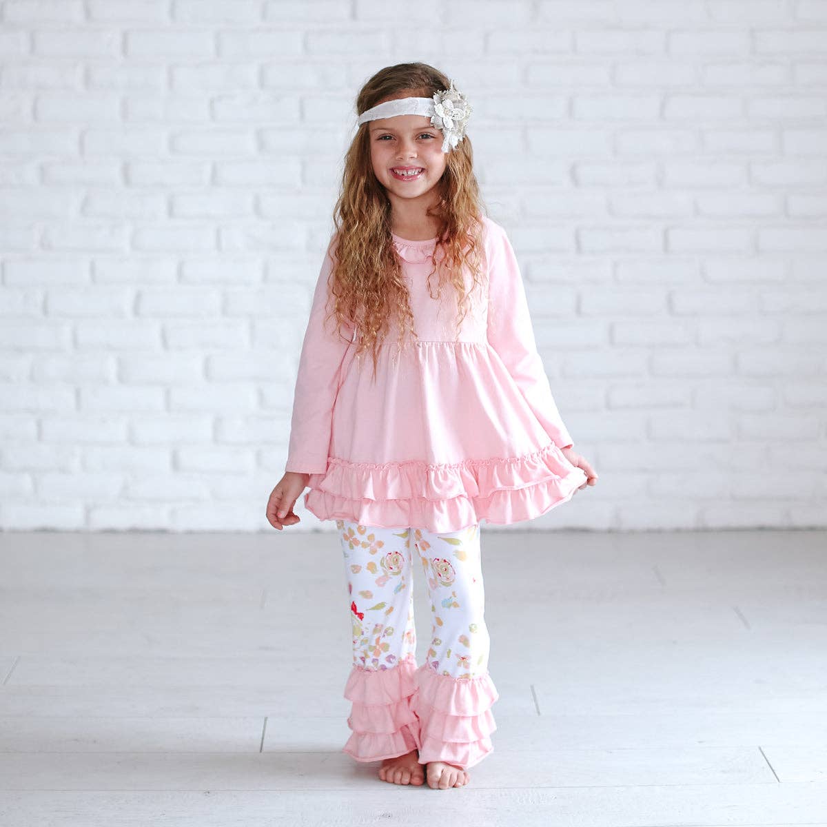Kids Pink Floral Long Sleeve Ruffle Top & Bottom Set